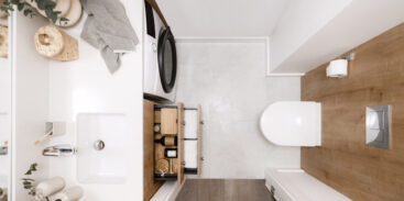 Organised bathroom space with cosmetics and towels neatly stored in a cupboard box.