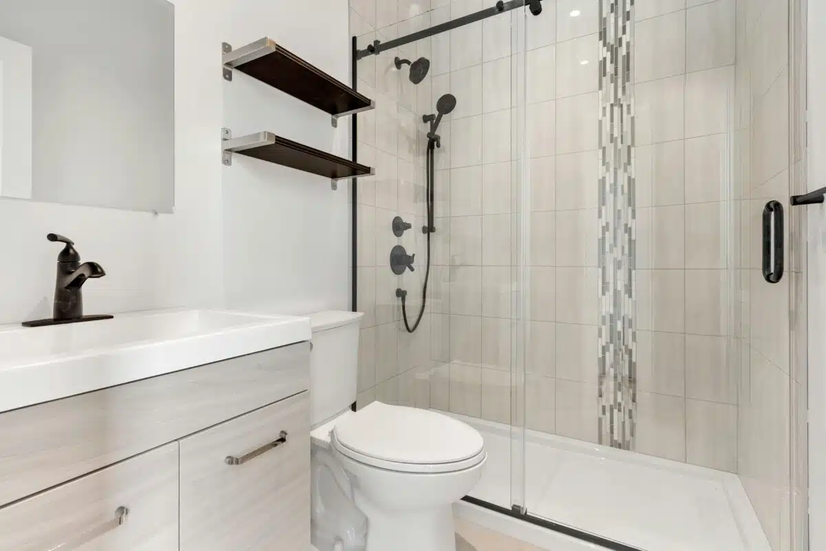 Cream wall panelling in modern bathroom